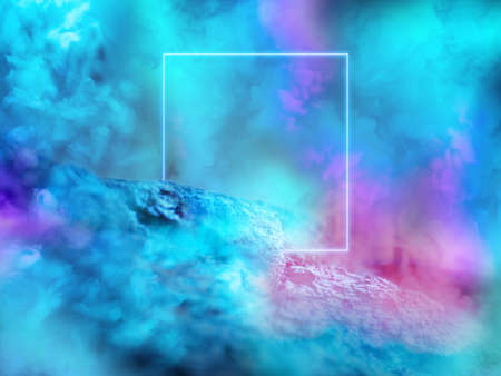 Luminous blue square. Synth wave, retro wave, vaporwave futuristic aesthetics. Glowing neon style. Horizontal wallpaper, background. Stylish flyer for ad, offer, bright colors and smoke neoned effect.の写真素材