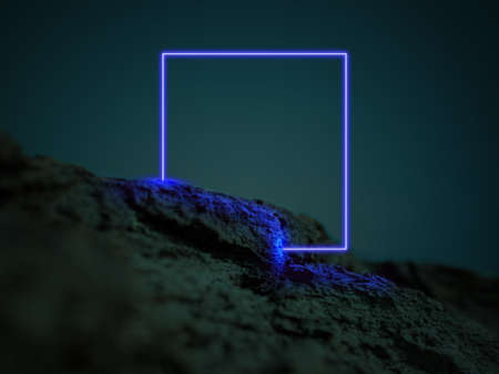 Luminous blue square. Synth wave, retro wave, vaporwave futuristic aesthetics. Glowing neon style. Horizontal wallpaper, background. Stylish flyer for ad, offer, bright colors and smoke neoned effect.の写真素材