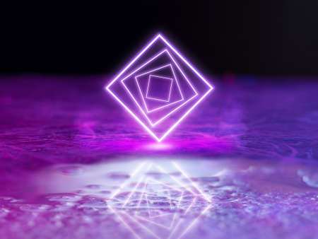 Luminous purple squares. Synth wave, retro wave, vaporwave futuristic aesthetics. Glowing neon style. Horizontal wallpaper, background. Stylish flyer for ad, offer, bright colors and smoke neoned effect.の写真素材