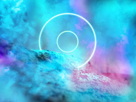 Luminous sky circles. Synth wave, retro wave, vaporwave futuristic aesthetics. Glowing neon style. Horizontal wallpaper, background. Stylish flyer for ad, offer, bright colors and smoke neoned effect.の写真素材
