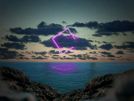 Luminous new sun. Synth wave, retro wave, vaporwave futuristic aesthetics. Glowing neon style. Horizontal wallpaper, background. Stylish flyer for ad, offer, bright colors and smoke neoned effect.の写真素材