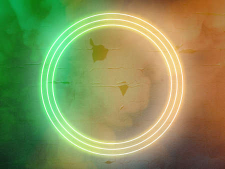 Luminous sky circles. Synth wave, retro wave, vaporwave futuristic aesthetics. Glowing neon style. Horizontal wallpaper, background. Stylish flyer for ad, offer, bright colors and smoke neoned effect.の写真素材