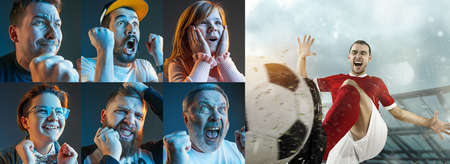 Emotional friends or fans watching football, soccer match on TV, look excited. Fans support, championship, competition, sport, entertainment concept. Collage of neon portraits and sportsman in action.の写真素材