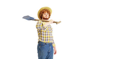 Handsome farmer, rancher isolated over white studio background. Concept of professional occupation,...