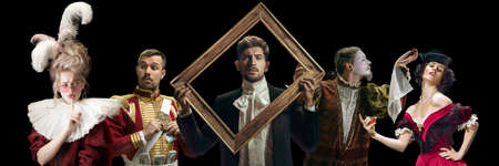 Framing. Collage on young people in medieval attire on dark background. Retro style, comparison of...