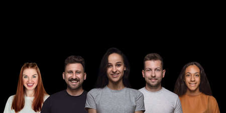 Group portrait of emotional people on black studio background. Flyer, collage made of 5 models. Concept of human emotions, facial expression, sales, ad. Embarrassed smiling, gesturing, laughting.の写真素材