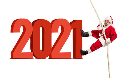 Emotional Santa Claus in eyewear greeting with New Year 2021 and Christmas. Caucasian man in...