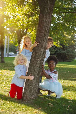 Summer. Interracial group of kids, girls and boys playing together at the park in summer day. Friendship has no race. Happiness, childhood, education, diversity concept. Look happy and sincere.の写真素材