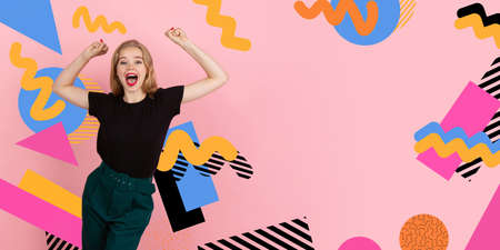 Crazy happy winner. Caucasian womans portrait. Beautiful female model in casual. Concept of human emotions, facial expression, sales, ad, copyspace. Bright, modern illustrated background. Flyerの写真素材