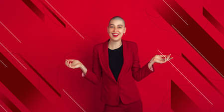 Laughting. Caucasian womans portrait. Beautiful female model in casual. Concept of human emotions, facial expression, sales, ad, copyspace. Bright, modern illustrated background. Beauty and fashionの写真素材