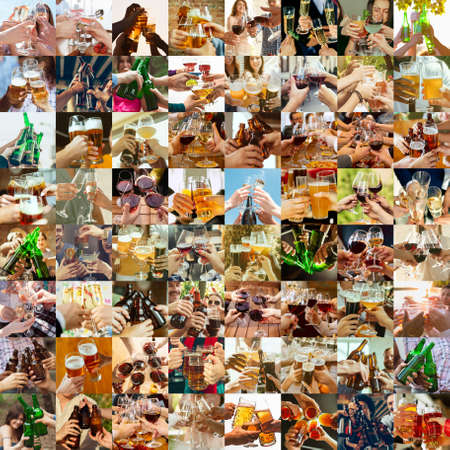 Collage of hands of young friends, colleagues during beer drinking, having fun, clinking bottles, glasses together. Collage design. Oktoberfest, friendship, togetherness, happiness, holidays conceptの写真素材