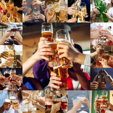 Collage of hands of young friends, colleagues during beer drinking, having fun, clinking bottles, glasses together. Collage design. Oktoberfest, friendship, togetherness, happiness, holidays conceptの写真素材