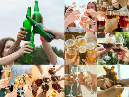 Collage of hands of young friends, colleagues during beer drinking, having fun, clinking bottles,...
