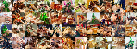 Collage of hands of young friends, colleagues during beer drinking, having fun, clinking bottles, glasses together. Collage design. Oktoberfest, friendship, togetherness, happiness, holidays conceptの写真素材