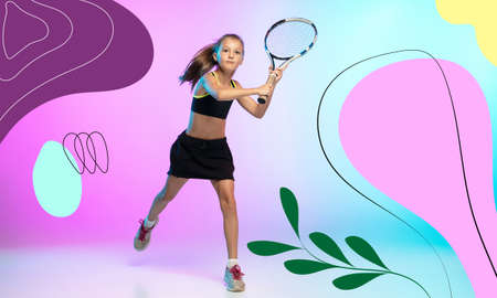 Little tennis girl in black sportwear isolated on modern illustrated background. Caucasian sport kid training in motion and action. Sport, movement, childhood, ad concept. Line art design. Copyspace.の写真素材