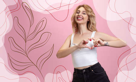 Smiling. Young womans portrait isolated on line art background. Beautiful female blond model in casual. Concept of human emotions, facial expression, ad, sales, copyspace. Modern illustrated design.の写真素材