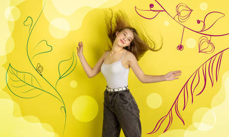 Dancing and smiling. Caucasian womans portrait. Beautiful female model in casual. Concept of human...