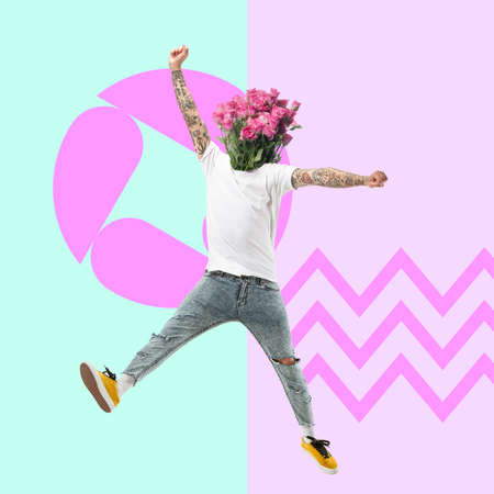 Mans body in white T-shirt and grey trousers headed by bunch of pink roses jumping on modern illustrated background. Concept of creativity, beauty, ad, sales, copyspace. Contemporary art collage.の写真素材