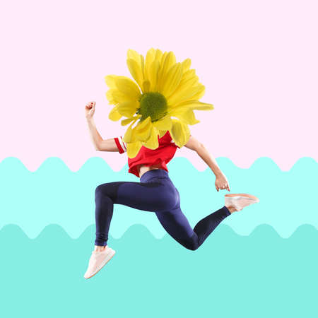 Jumping womans body in red and dark blue sportswear headed by yellow flower with on modern...