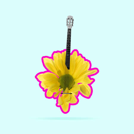 Flower sound of favourite songs. Yellow flower with pink outline as a body of acoustic guitar on...