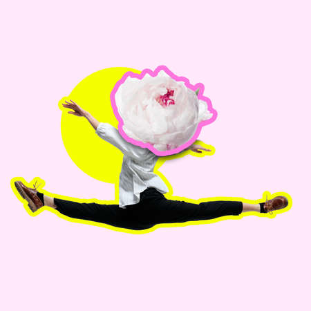 Dancing office woman in white shirt like a ballet dancer or performer with flower as a head on pink...