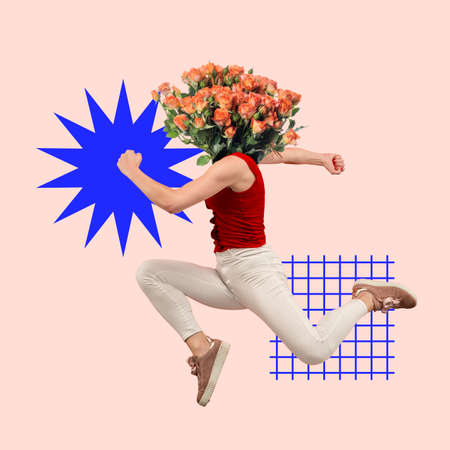 Female model jumping up in red T-shirt with bunch of yellow flowers as a head on colored background. Copyspace, modern design. Contemporary art collage.の写真素材