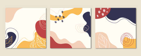 Autumn. Modern, trendy design set for social media. Contemporary art. Creative conceptual and colorful collage. Copyspace to insert your ad, text, image. Seamless styled. Watercolor, geometric, lines.の写真素材