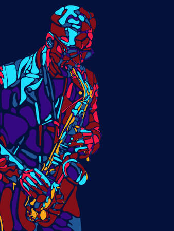 Jazz mood. Singer, musician, artist man character. Abstract color illustration, line modern design. Contemporary artwork, copyspace. Concept of music, hobby, dance festival and holidaysの写真素材