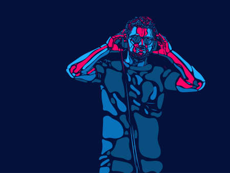 DJ, party time. Singer, musician, artist man character. Abstract color illustration, line modern design. Contemporary artwork, copyspace. Concept of music, hobby, dance festival and holidaysの写真素材