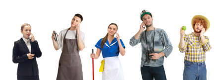 Group of people with different professions on white studio background, horizontal. Modern workers of...