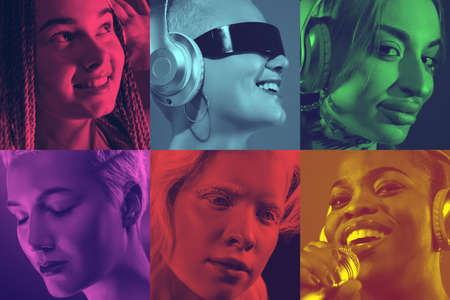 Collage of young people with bright facial expression on multicolored background. Trendy, modern duotone effect. Concept of human emotions. Copyspace for ad. People in halftones. Pop style.の写真素材