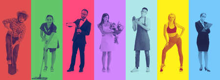 Collage of stylish men and women with different professional occupation on multicolored background....