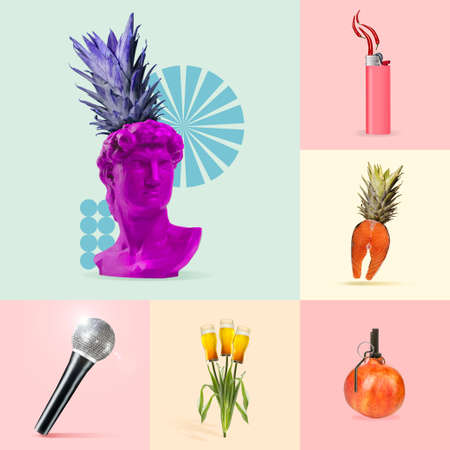 Sweetest. Concept of alternative look of usual things. Bright artworks on multicolored backgrounds....