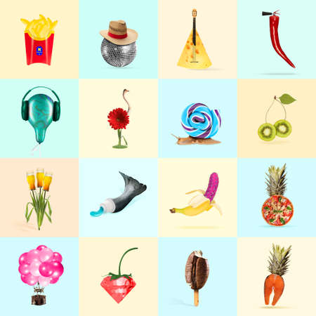 Art mix. Concept of alternative look of usual things. Bright artworks on multicolored backgrounds. Negative space to insert your text. Modern design. Contemporary colorful and bright art collage.の写真素材