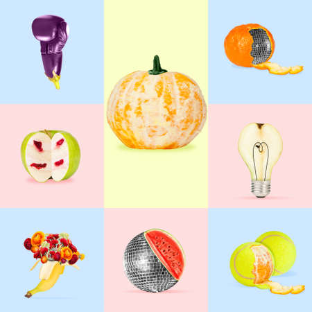 Summer. Concept of alternative look of usual things. Bright artworks on multicolored backgrounds. Negative space to insert your text. Modern design. Contemporary colorful and bright art collage.の写真素材