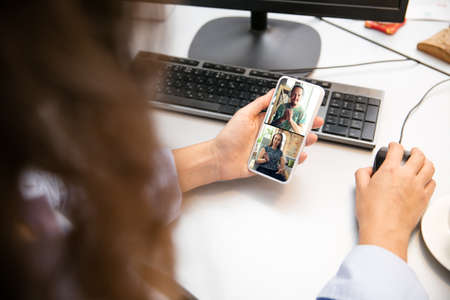 Meeting online, job or education. Remote working from home. Workplace in home office with PC,...
