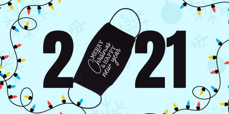 Greeting card decorated for New Year 2021 and Christmas. Protective face mask and illumination for christmas tree. Concept of holidays and winter mood. Flyer with cpyspace. Collage, artwork.の写真素材