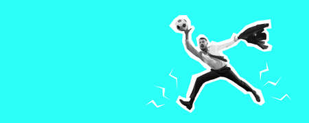 Man in office suit playing football excited. Collage in magazine style with bright blue background....