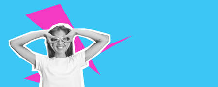 Superhero posing young beautiful girl. Collage in magazine style with bright blue background. Flyer...