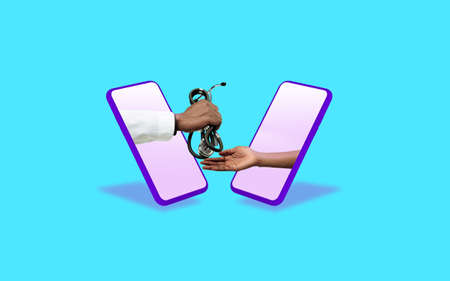 Medicine. Hands gesturing through screens of mobile phones against blue background. Concept of...