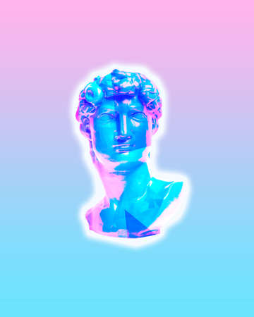 Pink-blue pastel. Statue head in bright colors with gradient. Trendy neon lighted background with...