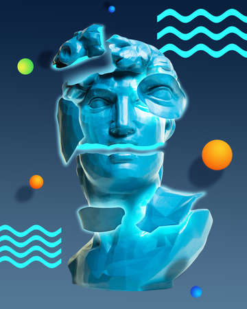 Line waves. Statue head in bright colors with gradient. Trendy neon lighted background with...