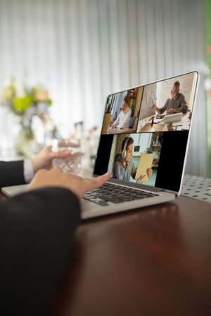 Meeting online, job or education. Close up screen. Remote working. Workplace anywhere you go with...