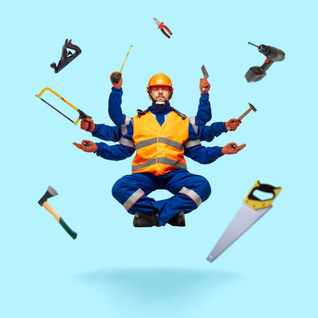 Handsome contractor, multi-armed builder levitating isolated on blue studio background with...