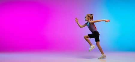 Flyer. Teenage girl, professional runner, jogger in action, motion isolated on gradient pink-blue...