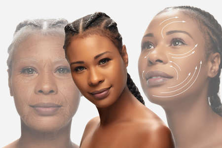 Comparison. Portrait of beautiful african woman with problem and clean skin, aging and youth concept, beauty treatment and lifting. Before and after. Youth, old age. Process of aging and rejuvenationの写真素材