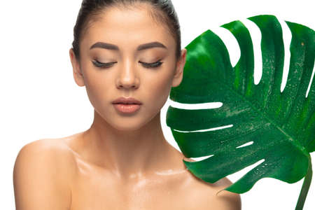 Face. Close up portrait of beautiful young woman with monstera leaf. Concept of cosmetics, makeup, natural and eco treatment, skin care. Shiny and healthy look, fashion, healthcare. Details.の写真素材