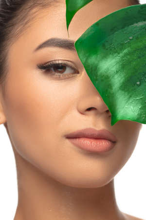 Face. Close up portrait of beautiful young woman with monstera leaf. Concept of cosmetics, makeup,...