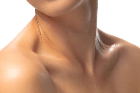 Collarbones. Close up portrait of beautiful young woman on studio background. Concept of cosmetics, makeup, natural and eco treatment, skin care. Shiny and healthy look, fashion, healthcare. Details.の写真素材