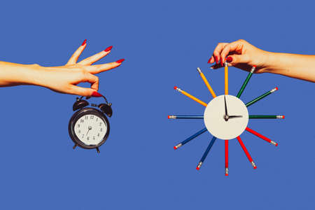 Time lost. Modern art collage in pop-art style. Hands isolated on trendy colored background with copyspace, contrast. Modern design with copyspace for advertising. Trendy colors.の写真素材